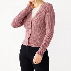 Nine West Easy Cinch Waist ribbed knit cardigan button front XS Mai Mauve v-neck